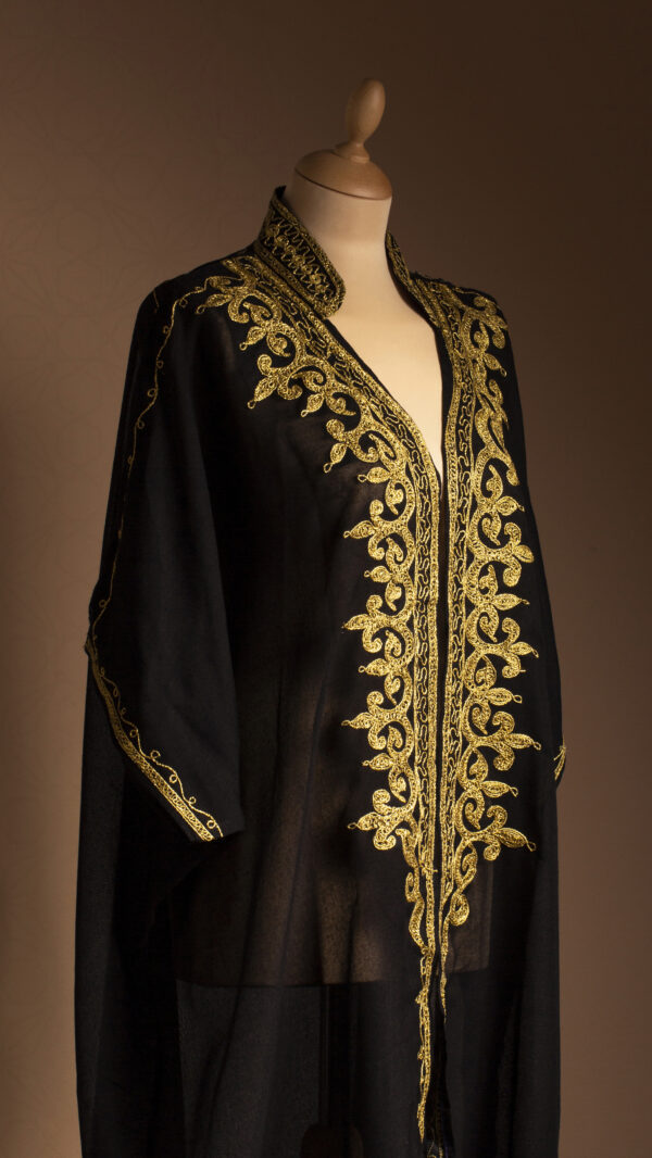 High-Neck Black Abaya with Contrasting Gold Embroidery