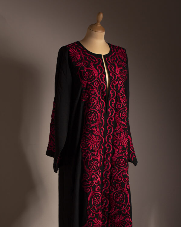 Red and Black Crepe Abaya with Embroidered Florals