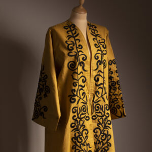 Mustard Yellow and Black Abaya with Embroidered Florals