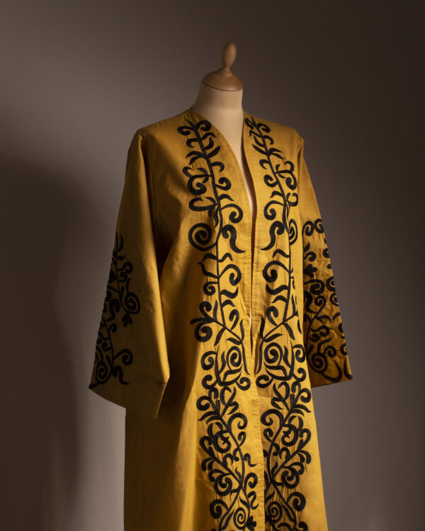 Mustard Yellow and Black Abaya with Embroidered Florals