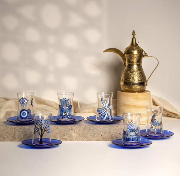 Hand-Painted Ramadan Tea Cups and Saucers (Set of 6)